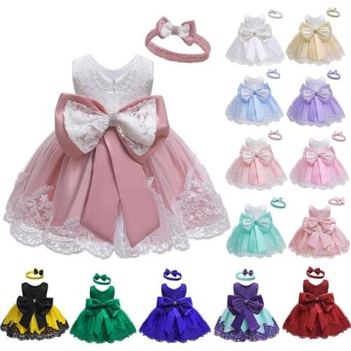 Baby Girls Princess Dress And Hairband 2Pcs Elegant Bow Toddler Girl 1 Years Birthday Party Lace Ball Gown Vestidos Kids Dresses