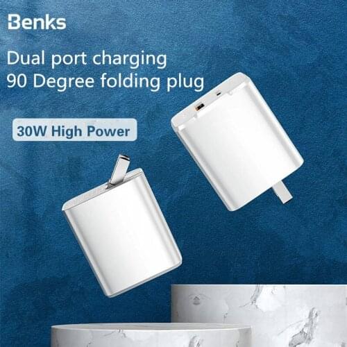 Benks PA35 Double-Port 30W PD Wall Travel Portable Foldable Phone Fast Charger USB Type C Charger Adapter For Apple Huawei