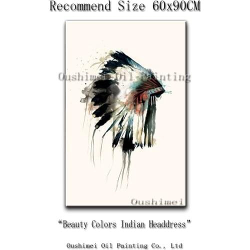 Hand Painted Modern Indians Tire Wall Painting Picture on Canvas Abstract Paintings Home Decor Feather Hat Oil Painting