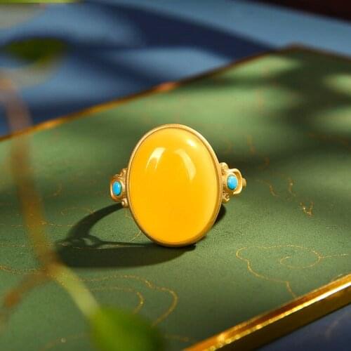 S925 Sterling Silver Ancient Gold Natural Amber Ring Retro Gemstone Jade Ring Open Adjustable Ornament for Women