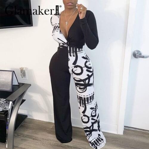 Glamaker Patchwork V neck women jumpsuit Bodycon elegant office ladies fashion long playsuit 2021 new summer autumn jumpsuit