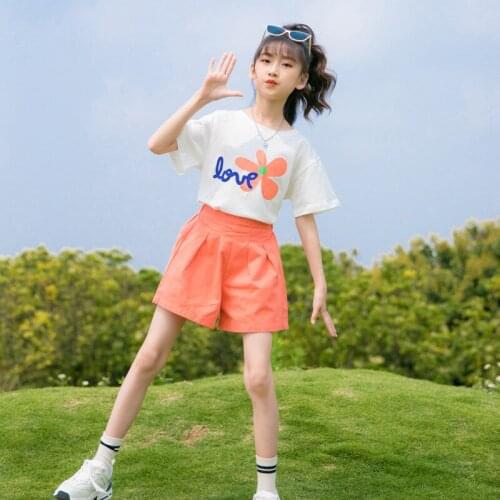 5-12 Years Children Girls Clothes Set Flower Print T-Shirt + Short Loose Pants Summer Cotton Fashion Yellow Outfit