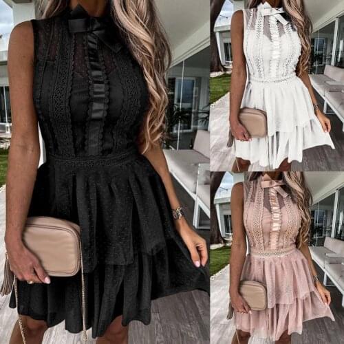 Mini Dress Lace Patchwork Women Mesh Bowknot Dot Ruffle Dress Featured with Dot Pattern Mesh for Dating Soft and Skin-Friendly