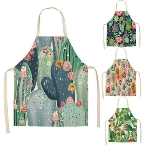 1 Pcs Cactus Pattern Kitchen Apron for Woman Sleeveless Cotton Linen Aprons Home Cooking Baking Bibs Cleaning Tools