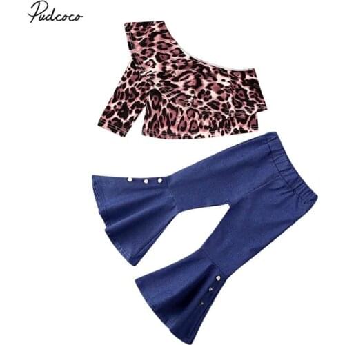 2020 Baby Summer Clothing Kids Baby Girl Clothes Long Sleeve Leopard Off-Shoulder Tops+Flared Denim Pants Outfits
