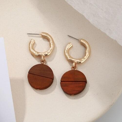 2020 New Trendy Personality Semi-circular Wood Stitching Earrings for Women Temperament Round Dangle Earrings Female Jewellery