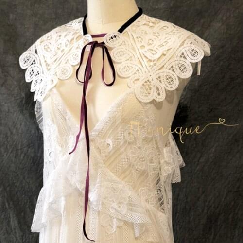 Embroidery Cotton embroidered flowers shoulders Studio style pleated organza Purple velvet belt playful fake collar small shawl