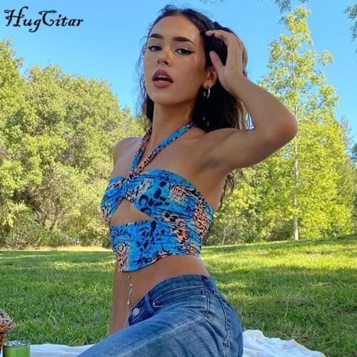 Hugcitar 2020 leopard print halter cut out sexy crop top autumn winter women fashion streetwear camis Tees