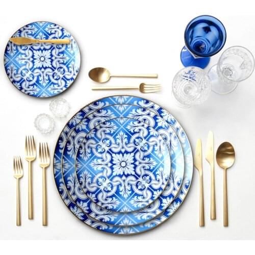 Four-piece set of ceramic tableware European-style blue-and-white Phnom Penh bone China dinner plate wedding household