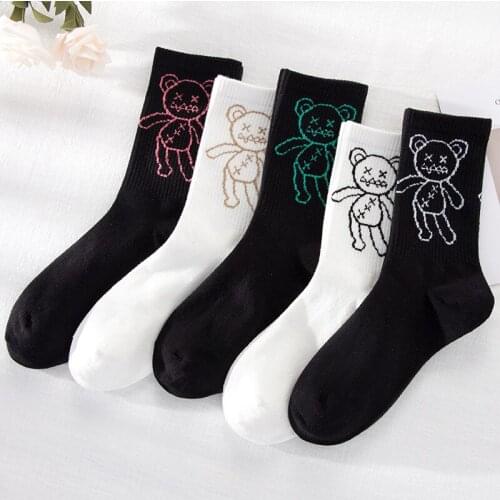 Girls Socks Kawaii Big Bear print Cartoon White Black Casual Funny Socks Fine Cotton Knitting Calcetines Skarpetki Korean Meias