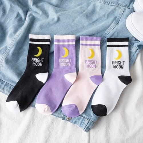 Streetwear All Season Hip Hop Socks Women with Kawaii Cartoon Moon Japanese Pink Womens Socks Cotton 50901