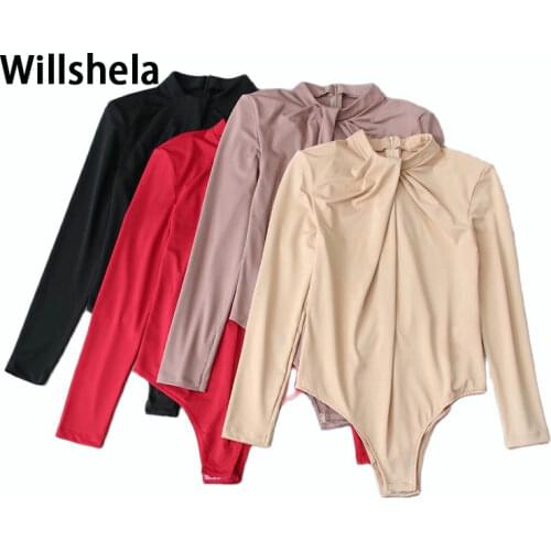 2021 New Women Bodysuit Gathered Knot Neckline Jumpsuit Sexy Playsuit Bodycon Fashion Chic Bottoming Tops Women Clothes