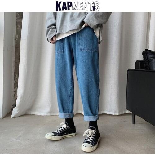 KAPMENTS Mens Harajuku Solid Jeans 2020 Big Pocket Male Japanese Streetwear Fashion Straight Baggy Denim Pants Loose Harem Pants