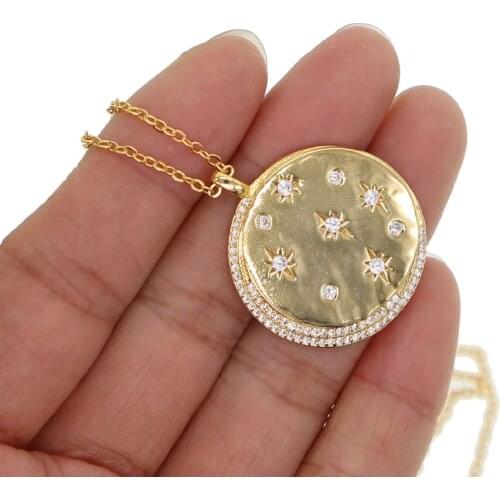 New star signet rose gold necklace for women moon star cz round coin charm dainty simple classic fashion necklace jewelry gift