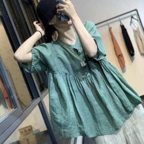 Casual Short Sleeve Linen Shirt Women Loose Blouse Summer Solid Vintage Buttons Pleats Plus Size Top Blusa Femininas Tops Y964