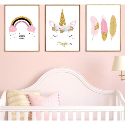 Self Adhesive Wall Sticker Pink Cartoon Unicorn Painting Dream Rainbow Magic Poster Room Cute Wall Decor Painting Pictures