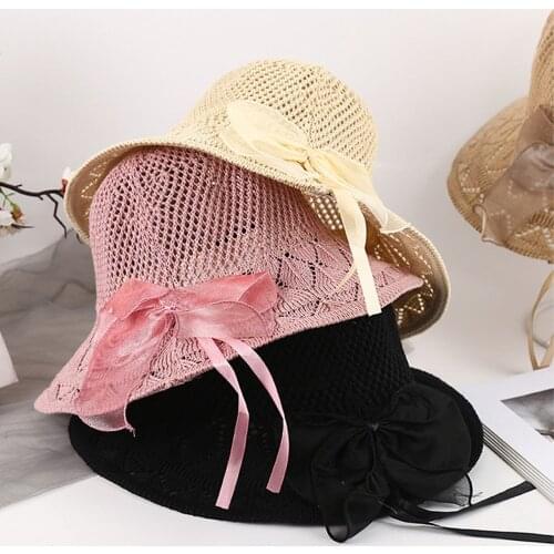 Sun Hat Woman Seaside Lady Fisherman Hats Outdoor Beach Sun caps Prom cap lace Bowknot Summer Panama Foldable Sunscreen Straw
