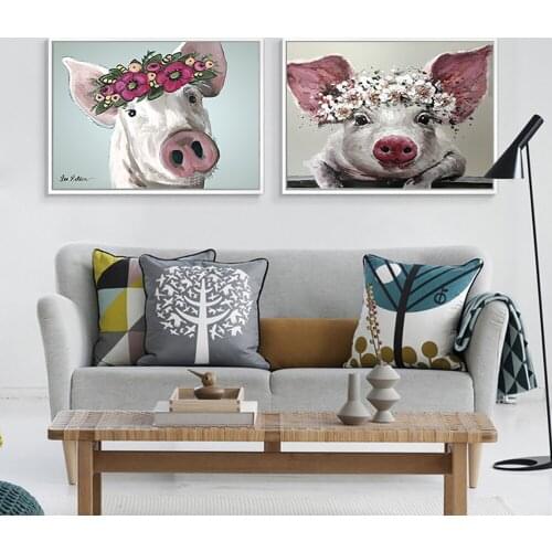 Pig Wear Flowers Canvas Painting Nursery Wall Art Poster Print Nordic Kids Decoration Picture Bedroom Decor Metal Frame