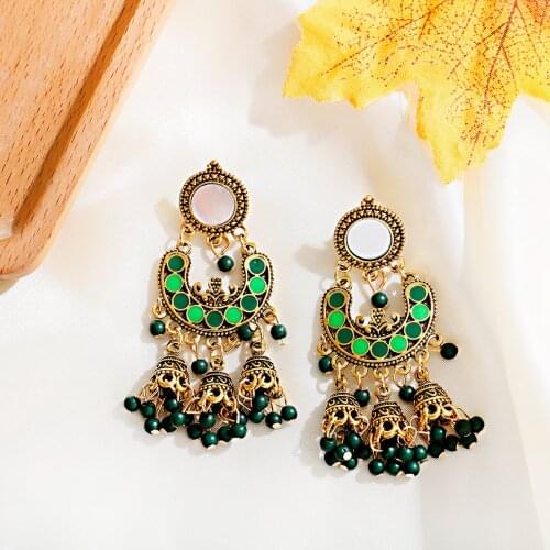 TopHanqi Gypsy Afghan Tribe Jewelry Gold Alloy Indian Jhumka Beads Tassel Big Bell Drop Earrings Antique Ethnic Earrings bijoux