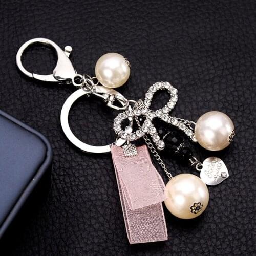 High Quality Simulated Pearl Beads Rhinestone Bowknot Keychain Alloy Key Chain Gift For Women Girl Car Bag Accessories Key Ring