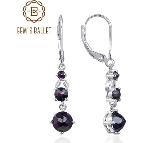 GEMS BALLET 925 Sterling Silver Womens Gemstone Earrings Natural Black Garnet Three Stone Birthstone Leverback Dangle Earrings