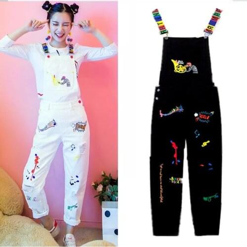European style embroidery ripped jeans white jumpsuit women casual jumpsuit casual jeans overall seven-point ripped jeans NZ38