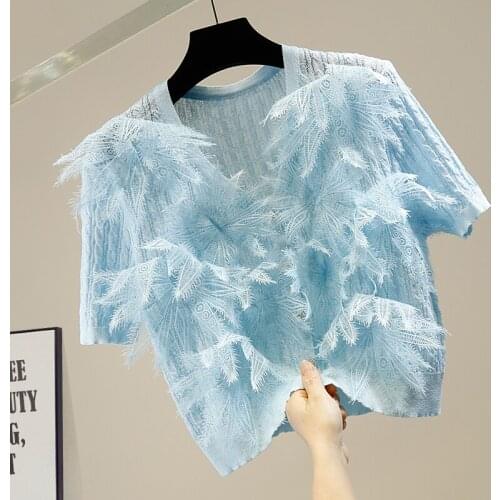 Summer Thin Cardigan Women New Fashion Three-Dimensional Lace Flower Single-Breasted V-neck Cropped Ice Silk Knitted Top 2021