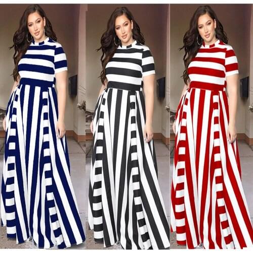 2021 New Summer and Autumn Womens Dresses Fit and Flare Loose Round Neck Horizontal and Vertical Striped Large Size Dress