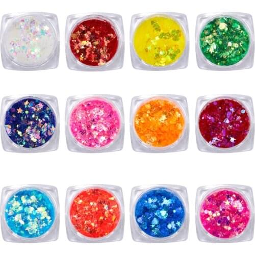 12 Styles 3-10g /box five-point Nail Art Glitter heart and stars Glitter Mix Plus Free Gift! *1tsp* For Nail Acrylic/Gel/Polish