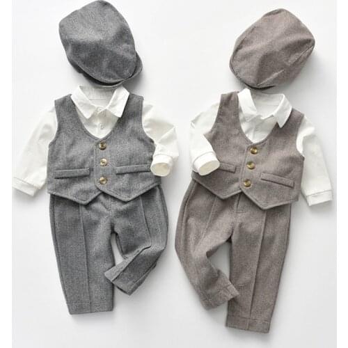 4Pcs Baby Boys Gentleman Clothing Set Newborn Formal Outfits Children Birthday Clothes Cotton Infant Shirt + Vest+ Pants + Hat