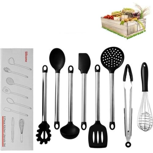 8PCS Silicone Cooking Tools Stainless Steel Handle Kitchenware Dinnerware Tableware Heat Resistant Kitchen Utensils Accessories