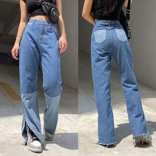 Color Block Split Hem Casual Straight Denim Pants Trousers Female High Waist Dance Club Loose Leg Fitting Chic Wild Jeans