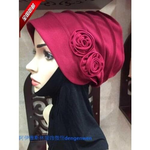 Hui new Turban Hat Scarf hijab bedding slip two flower boutique fashion cap