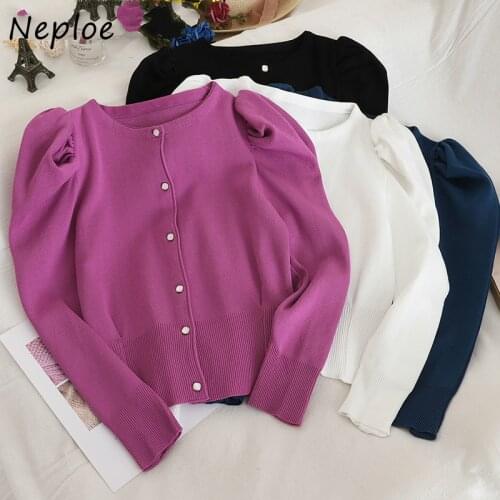 Neploe Puff Sleeve Cardigans Solid 2021 Spring Single Breasted Korean Vintage Sweaters Women Thin Chaqueta Mujer