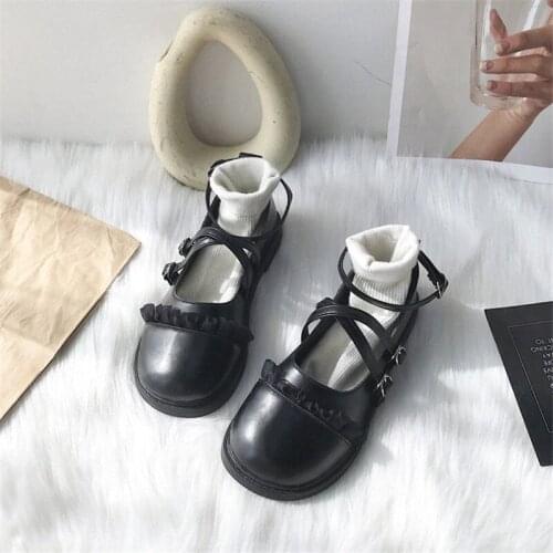 Kawaii Lace PU Leather Cross Band Mary Jane Shoes For Women Fashion Designer Buckle Strap Flats Casual Sweet Platform Loafers