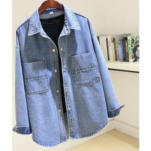 Korean Spring Autumn Mid Long Blue Denim Jacket Coat Women Big Pocket Vintage Outerwear Loose Long sleeve Jeans Jackets Female