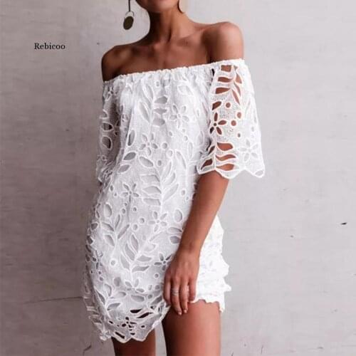 Fashion Summer Lace Crochet Dress Women Off Shoulder Short Sleeve Party White Sundress Sexy Boat Neck Hollow Out