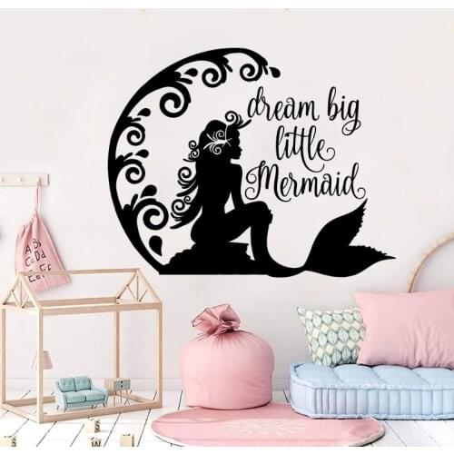 Cartoon Dream Big Little Mermaid Wall Decal Girl Room Kids Room Sea Ocean Fish Inspirational Quote Wall Sticker Bedroom Vinyl
