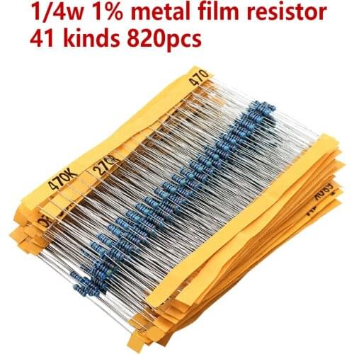 820pcs/set 40 Kinds 1/4W Resistance 1% Metal Film Resistor Pack Assorted Kit 1K 10K 100K 220ohm 1M Resistors