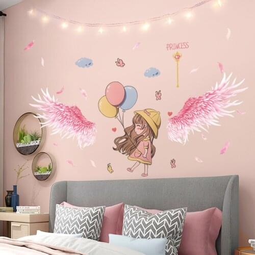 [shijuekongjian] Feathers Wings Wall Stickers DIY Cartoon Girl Balloons Wall Decals for Kids Rooms Baby Bedroom Home Decoration