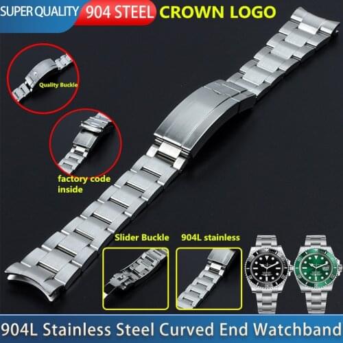 20mm Hight Quality 904L Stainless Steel Curved End Watchband Fit for Role Submariner Watch Strap Accessories Folding Buckle Tool