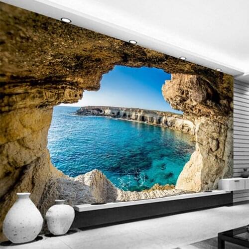 Custom Self-Adhesive Waterproof Mural Wallpaper 3D Cave Seascape Photo Wall Painting Living Room Bathroom Removable Wall Sticker
