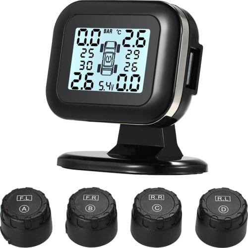TPMS Tire Pressure Monitoring System Wireless Real-time LCD Display 4 External Sensors Alarm Function