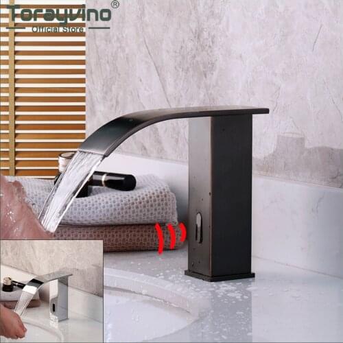 Torayvino Bathroom Chrome Polished Automatic Touch Sensor Faucet Black Deck Mounted Waterfall Solid Brass Sensor Mixer Tap