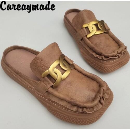 Careaymade-Real leather Muller womens shoes sewing soft thick soled loafers pure leather original single handmade half slippers