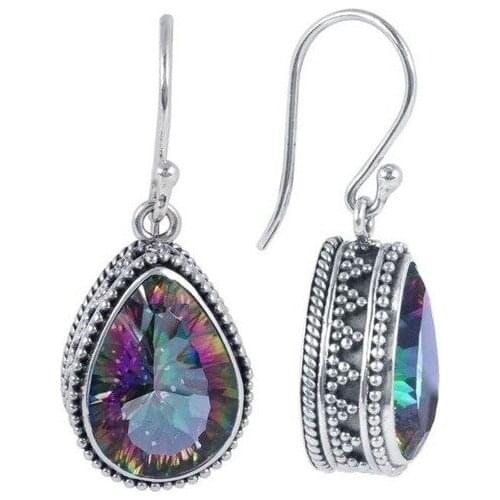 UFOORO Fashion Vinter Silver Water Drop Pear Shape Retro Rainbow Colorful Cubic Zircon Earrings For Woman Wedding Ear Jewelry