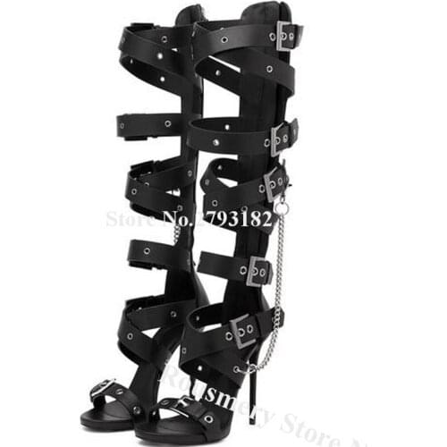 Western Fashion Metal Buckle Hole Straps Stiletto Heel Knee High Gladiator Boots Cut-out Metal Chains Long Sandals Dress Shoes