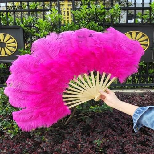 YOYUE 15 Bone Rose Ostrich Feathers Fan Halloween Party Wedding Celebration Belly Dance Show DIY Decorative Feathers Fan