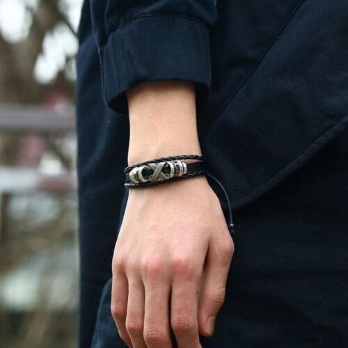 Vintage X Letter Multilayer Leather Bracelet Male Jewelry Adjustable Punk Black Braided Rope Bracelet Wristband Cuff Accessories