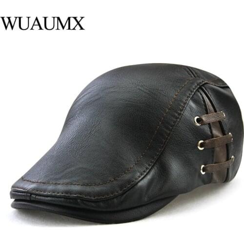 Wuaumx High Quality Autumn Winter PU Leather Beret Hats For Men Faux Leather Beret Hat With Ring Mens Visor Flat Cap Wholesale